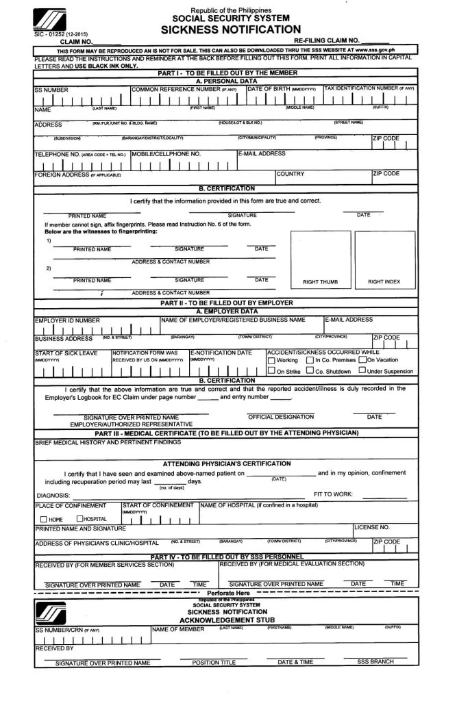 SSS Sickness Notification Form - Page 1